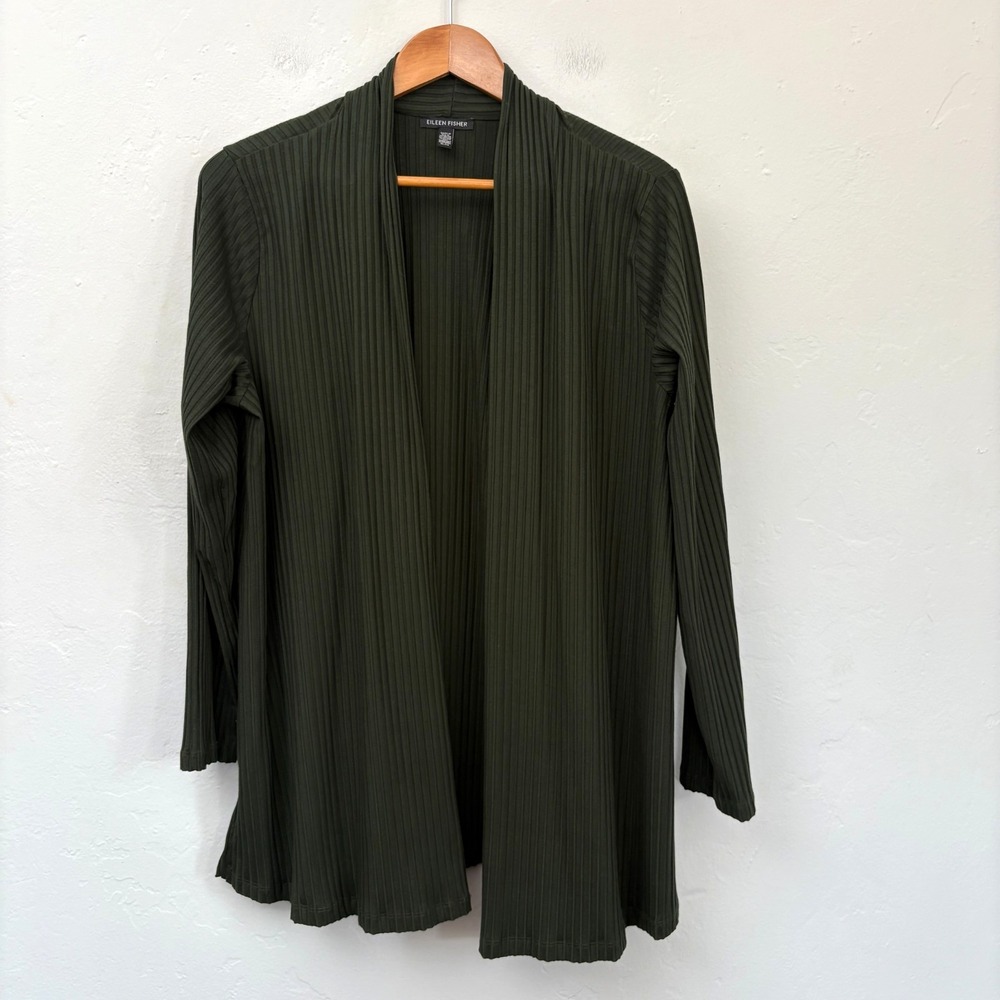 Eileen Fisher Ribbed Cardigan Women Size XL Dark Green Long Sleeve Open Front